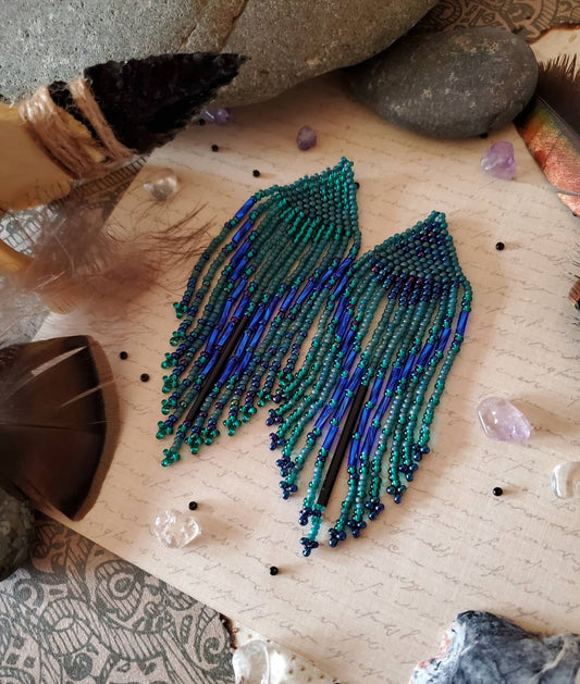 Dreamweaver: Long Fringe Water and Air Seed Bead Earrings