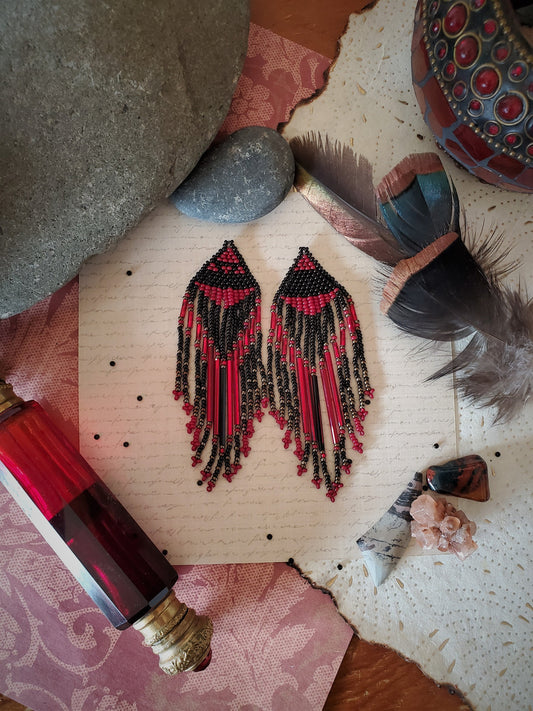 Blood Bond: Long Fringe Black and Red Seed Bead Earrings