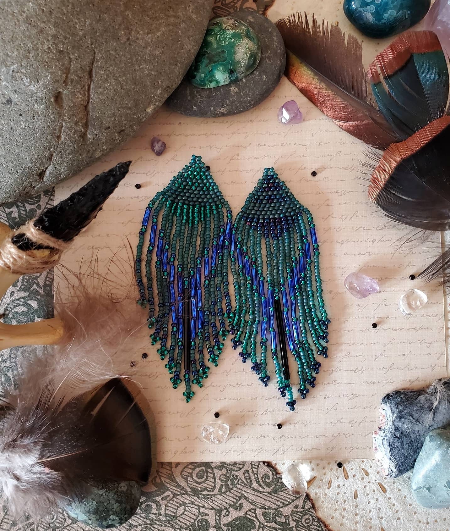 Dreamweaver: Long Fringe Water and Air Seed Bead Earrings