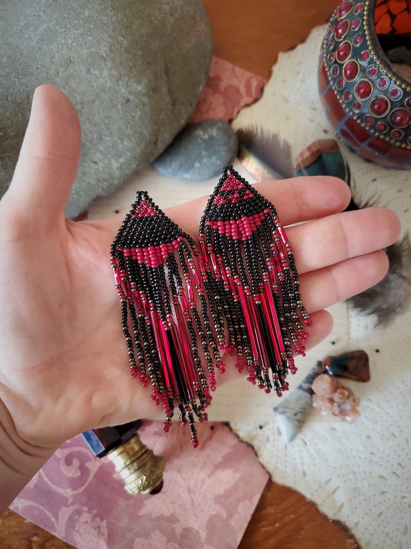 Blood Bond: Long Fringe Black and Red Seed Bead Earrings